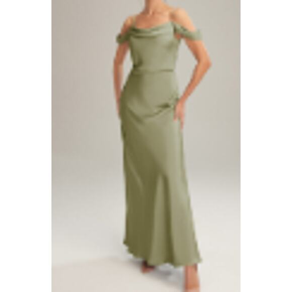 BRIDESMAID AW 16 2X plus green fennel seed satin Meg formal maxi dress NEW B40 - Picture 1 of 11
